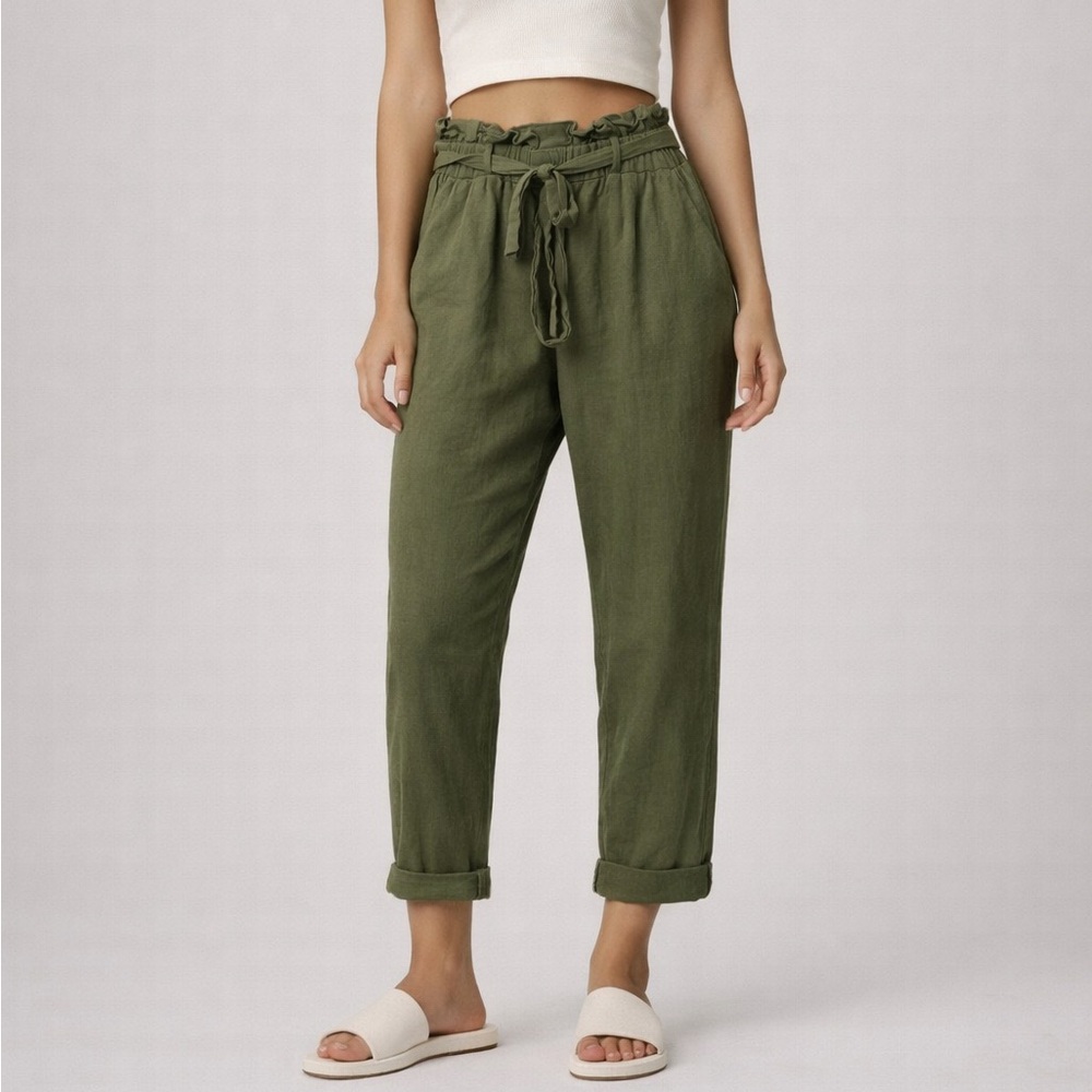 Olive Green Paperbag Waist Tie Belted High Rise Pants Large Casual 100% Cotton